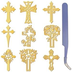 CRASPIRE 9Pcs Cross Stickers Gold Metal Stickers Orgonite Sticker Waterproof Self-Adhesive Nickel Decorate Stickers Decals for Scrapbooks DIY Resin Art Crafts Phone Decor