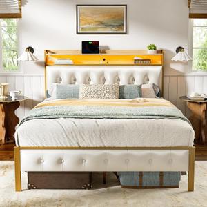 LED Bed Frame Full Size with Storage Headboard Platform Bed Frame with 2 Charging Outlets and 2 USB Ports Non-Slip Without Noise Strong Metal Slats Support No Box Spring Needed,White