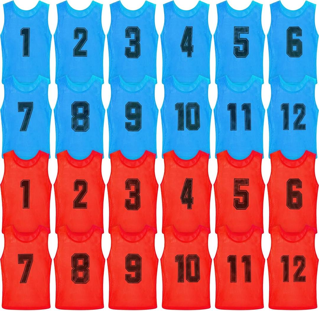 Vabean 24 Pack Nylon Mesh Scrimmage Team Practice Vests Pinnies Jerseys Train Vest for Adult Sport Basketball Soccer Football (Blue, Red)