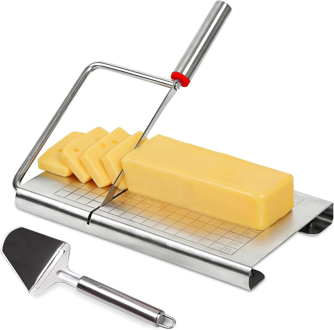 Cheese Slicer, Stainless Steel Cheese Cutter Board and Measuring Grids, Multipurpose Cheese Cutter for Block Cheese, Butter, Sausages, Fruits Kitchen Gadget Cheese Tool