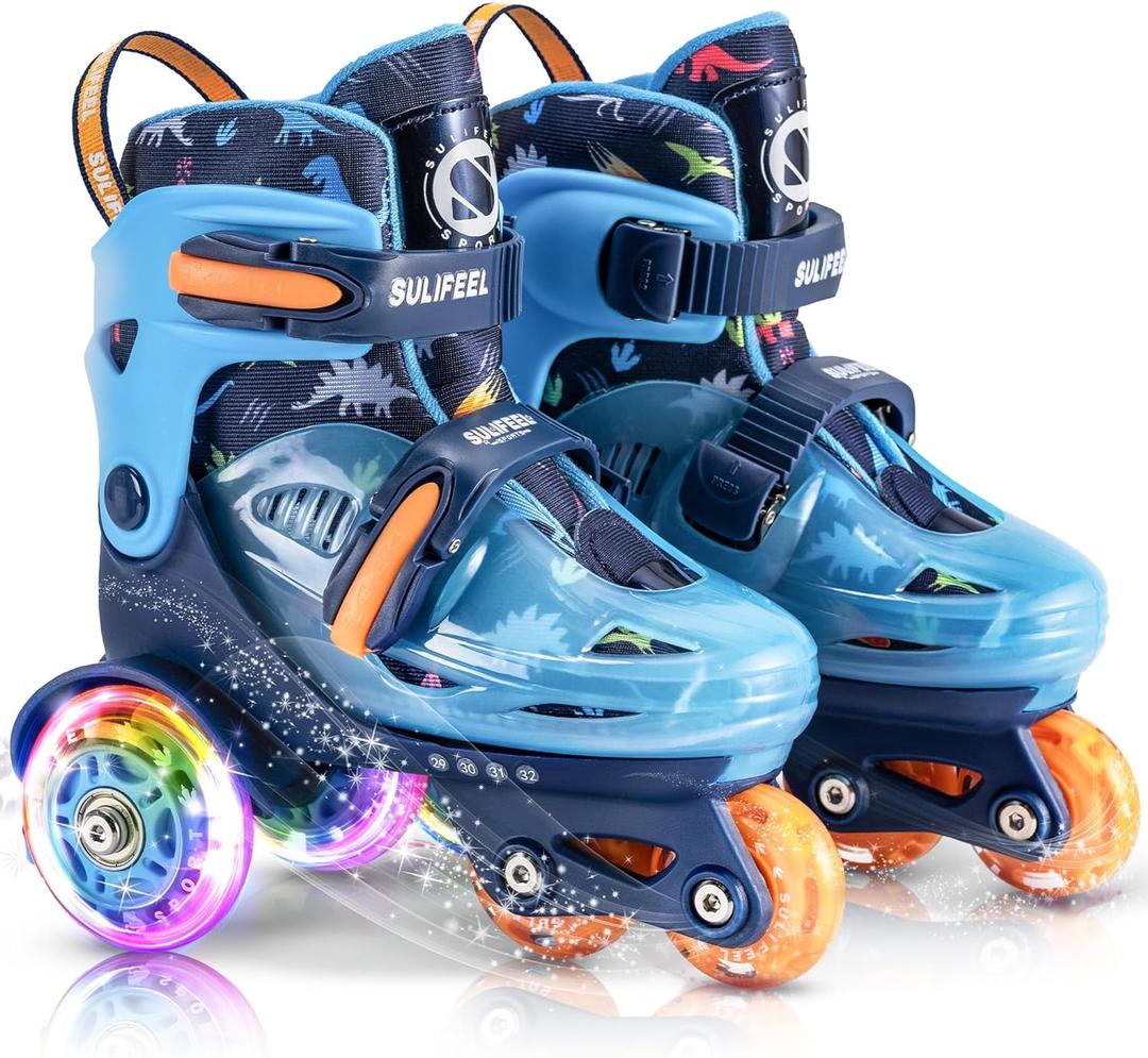SULIFEEL Adjustable Roller Skates for Girls Boys Kids,Fun Illuminating Light Up Flash Wheels Three-Point Type Balance Suitable for Beginners Indoor Roller Skating (XS-Small(8C-11C US), Dinosaur Blue)