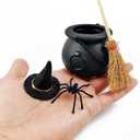 ROYHOO 48PCS Halloween Mini Witch Cauldron Set- 12 Pack Small Plastic Black Candy Cauldron with Spider, Broom, Witch Hat for Halloween Dollhouse Craft Accessories Table Decoration Supply