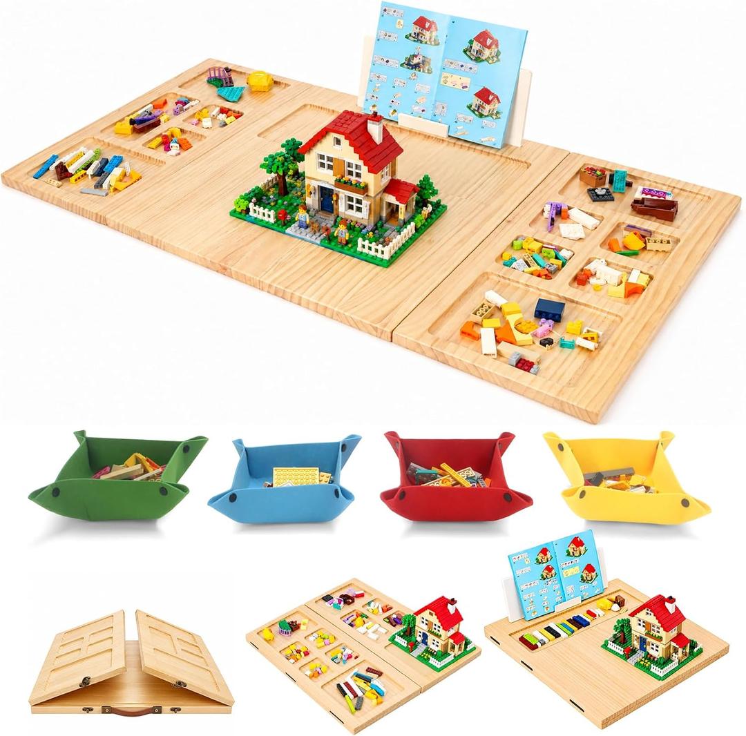 Tri-fold Building Tray for Lego with 4 Bricks Sorting Trays, Large Wooden Building Baseplate Table for Adults & Teens, Portable Folding Activity Station for Construction & Storage, Large - 41" x 21.6"