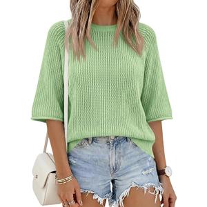 Saodimallsu Womens Short Sleeve Sweaters Crochet Knit Casual Crew Neck Lightweight Summer Trendy Sweater Tops (Green)