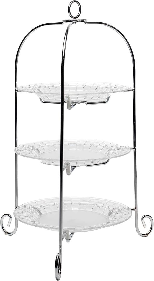 3-Tier Cake or Food Stand with Crystal-Clear Plastic Plates and Metal Display Rack Serving Tray for Wedding Birthday Bridal Shower Autumn NYE Tea Party