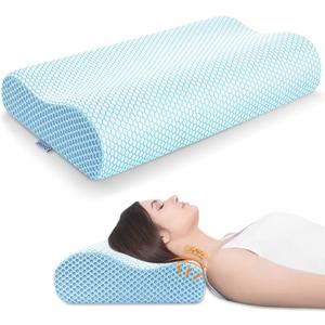 Anvo Memory Foam Pillow, Neck Contour Cervical Orthopedic Bed Pillow for Sleeping Side Back Stomach Sleeper, Ergonomic Design for Neck and Shoulder Pain Relief, Blue White, (Soft - Standard (24 x 13.4 x 4.7 inches))
