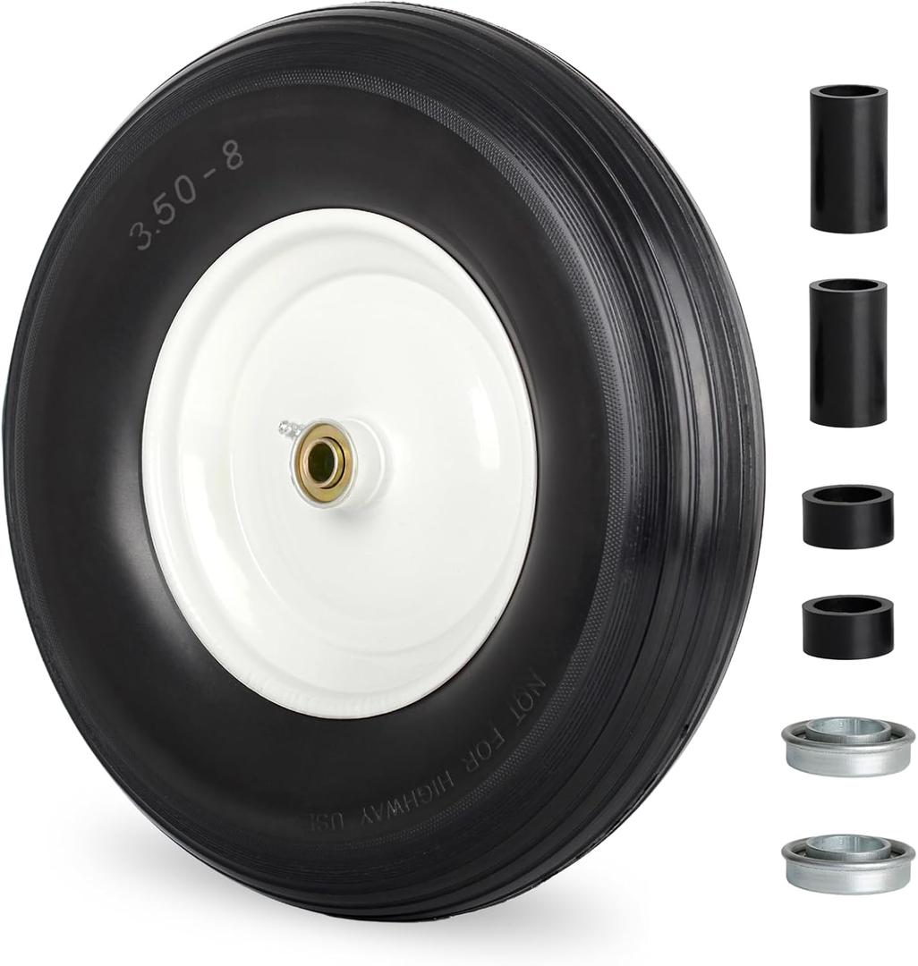 14.5" Wheelbarrow Flat Free Tire, Fits 4.80/4.00-8, 3.50/2.50-8, 4.00-6, 4.00-8, Wheelbarrow Wheels, 5/8" Bearing with Extra 3/4" Bearing, 3" -6" Centered Hub