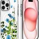 DAIZAG Magnetic Case for iPhone 16,Dried Fruit Flower Blue Design On Clear Base Compatible with MagSafe,Drop Protection Shockproof Case for iPhone 16 White