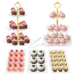 Joy Akkess 6 Pcs Dessert Table Display Set with 2 Pcs 3 Tier Cake Stand, 3 Pcs Dessert Trays and 1 Tongs for Tea Party Wedding Baby Shower(White, Wavy)