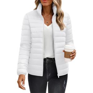 YUCOLEN Women's Puffer Jacket Lightweight Packable Quilted Jackets Winter Stand Collar 4 Pockets Zip Up Padded Coat Outwear (White, M)