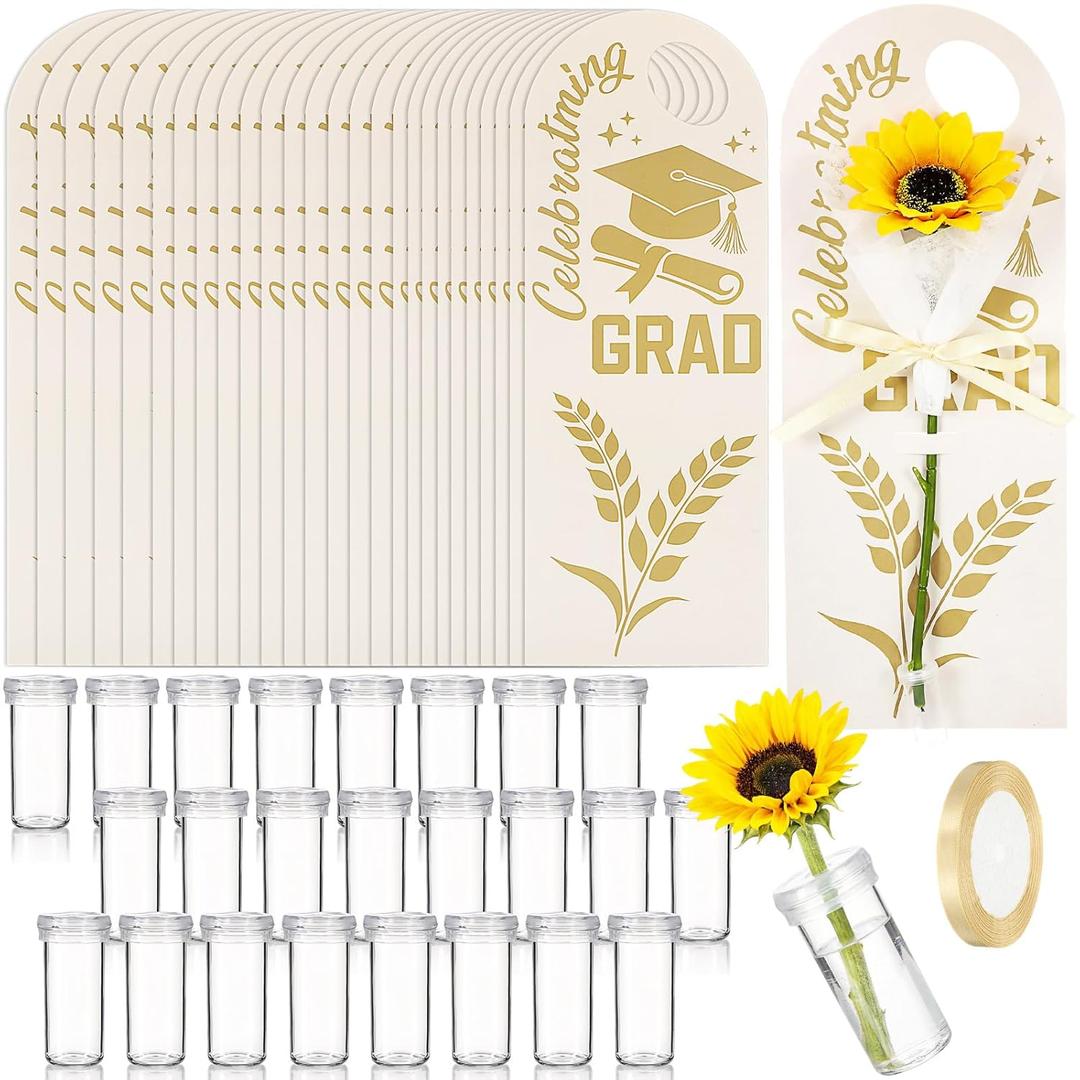 Eaasty 24 Set Graduation Day Themed Single Sunflower Card Sleeve Grad Gift Packaging Flower Holder with Floral Water Tubes Ribbon Floral Tissue Paper for Flower Packing