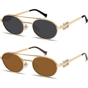 Retro Oval 90s Metal Sunglasses for Women, 2025 Trendy Chic Narrow Gold Sun Glasses Fashion Sunnies (2 Pack Black + Brown)