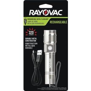 Rayovac Value Metal Rechargeable Light, 320 Lumens, IPX4 Water Resistant, Durable Metal LED Light, Great Outdoor and Emergency LED Flashlight, Battery Included