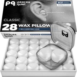 Peace&Quiet PQ Wax Ear Plugs for Sleeping - 28 Silicone Wax Earplugs for Sleeping and Swimming, Gel Ear Plugs for Noise Cancelling, Sound Blocking Level of 32 Db (28 Pillows), Color: White (28 Count (Pack of 1), 28 Pillows Big Pack + Mini Case to Go)