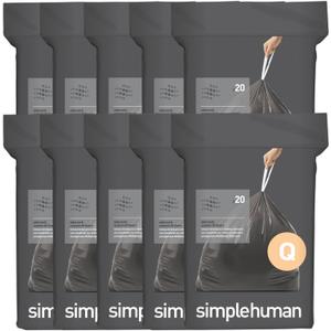 Simplehuman Code Q 200 Count, Genuine Odorsorb Custom Fit Liners, Drawstring Odor Absorbing Trash Bags in Dispenser Packs, 50-65 Liter / 13-17 Gallon