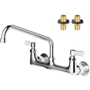 Wall Mount Kitchen Faucet, TOLSUNY Commercial Sink Faucet with 12-inch Swivel Spout, Brass Dual Handle Utility Laundry Faucet, Chrome Gooseneck Spout, for Laundry Room Restaurant Compartment Sink