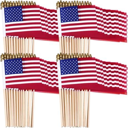 Tegeme 50 Pack Small American Flags on Stick 4 x 6 Inches Handheld Flags with Gold Spearhead for 250th Anniversary, 4th of July, Memorial Day, Parades Patriotic Party Lawn Outdoor Decor