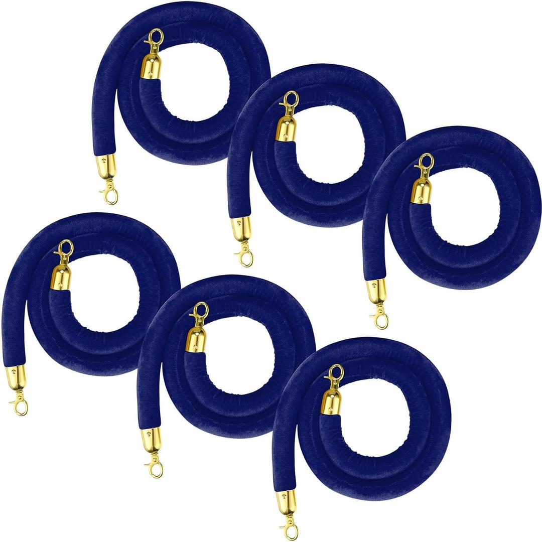 Nuogo 6 Pcs Velvet Stanchion Rope Blue Carpet Party Decoration 5ft Crowd Control Velvet Ropes Safety Barrier with Gold Hook for Event Movie Theaters Grand Opening Hotel Christmas Party Supplies(Blue)