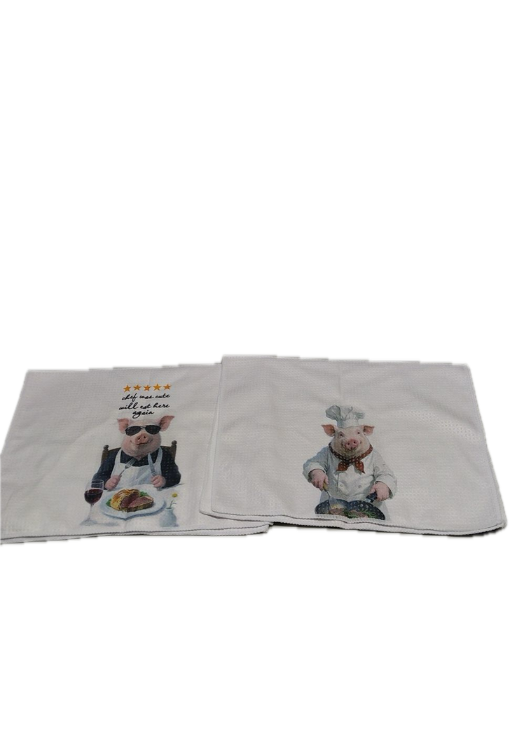 Eieanao Funny Pig Gifts Kitchen Towels Set of 2, Chef Cooking Hand Towels, Funny Pig Microfiber Dish Tea Towel for Kitchen Bar Decor, Chef was Cute, Would Eat Here Again, 16x24 Inch