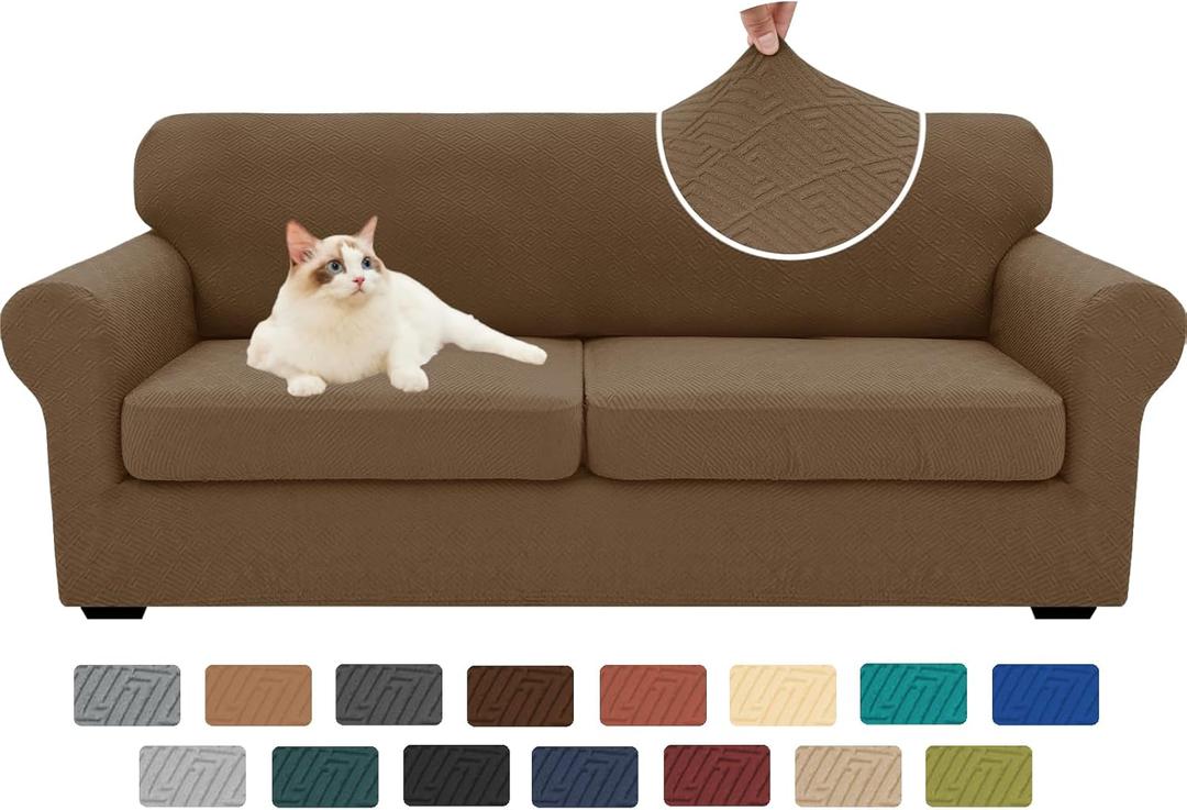 XINEAGE New 3 Pieces Couch Covers for 2 Extra Large Cushion Sofa Super Stretch Sofa Cover for 2 Large Seat Universal Loveseat Slip Cover for Living Room (Brown), 71"-91"(2 Cushions)
