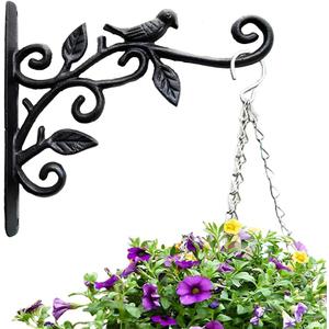 KiaoTime Cast Iron Metal 9.5" Hanging Planter Flower Pots Bracket Bird Feeder Hook Wind Chime Lanterms Hanger with Double Sided Bird for Indoor Outdoor Wall Fence Deck Trees Patio Garden Post Arm