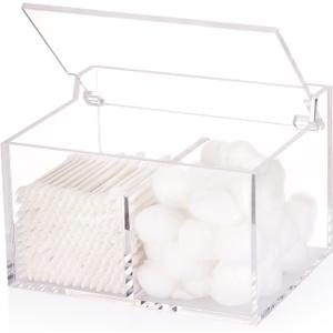 Tbestmax 2-Grid Qtip Holder, 4mm Thickness Cotton Ball Swab Organizer Acrylic Rectangle Bathroom Canister Makeup Pad Cosmetic Storage - Clear