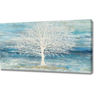 Tree Canvas Wall Art Blue and White 3D Landscape Painting with Gold Foil Rustic Print Artwork Picture for Living Room Bedroom Framed (40"L x 20"W)