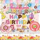 Donut Themed Birthday Party Decorations, Doughnut Colorful Backdrop Tablecloth, Happy Birthday Banner, Macaron Foil Balloons, Cake Topper, Hanging Swirls for Boys Girls Princess