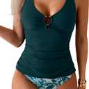 Eomenie Women's Tankini Swimsuit Two Piece Tummy Control Bathing Suit V Neck Ring Linked Swimwear with High Waisted Bottoms (Large, Peacock Green and Print)