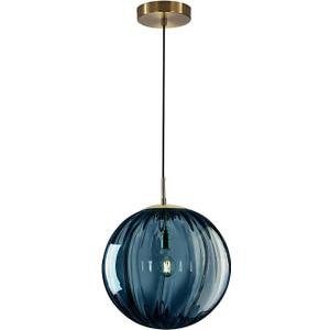 KCO Lighting Modern Large Globe Pendant Light 1-Light Single Blue Glass Pendant Lighting Kitchen Island Vintage Ribbed Glass Pendant Light Contemporary Gold Hanging Light Fixture (9.8)