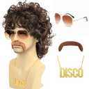 Bettecos 70s Disco Wigs for Men - Brown Curly 80s Mullet Wig for Halloween Costume Party Male Afro Funny Wigs with Glasses Necklace and Mustache (Brown)