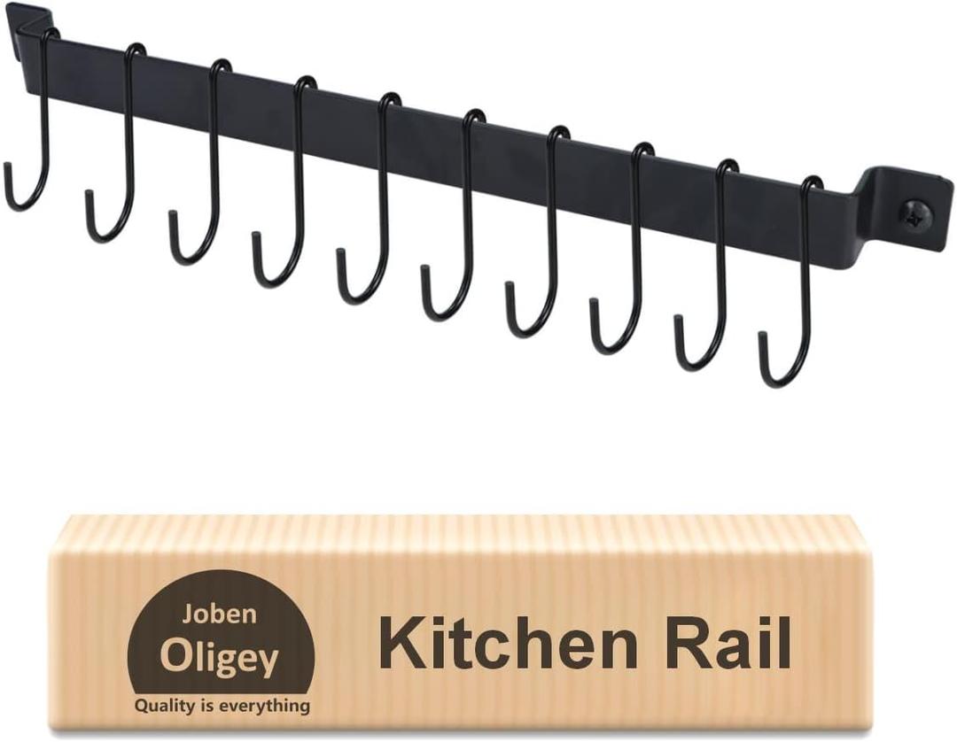 Wrought Iron Kitchen Holder: 10-Hook Wall-Mounted Utensil Rack with Black Finish - Ideal for Pots, Pans, Coffee Mugs