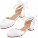 Girls Pearl Ankle Strap Heels, Bow Block Heel Dress Sandals for Wedding | Elegant Girls Dress Sandals With Pearl Ankle Strap, Satin Bow, And Low Block Heel, Ideal For Weddings, Parties (White) 2Y