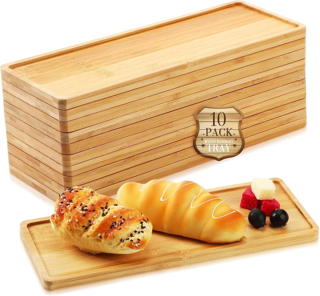 Bokon 10 Pcs Rectangle Wood Bamboo Tray Bamboo Serving Tray Wooden Serving Platter for Bathroom Counter Platter for Food Dinner Kitchen(Rounded Edges)