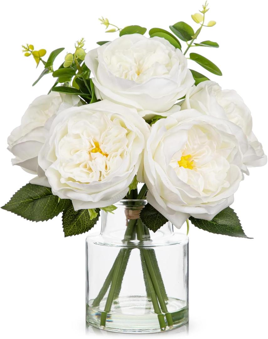 Hollyone Real Touch Peonies Artificial Flowers Arrangements in Vase White Fake Peonies with Glass Vase Silk David Austin Roses Faux Flowers with Clear Faux Water Bouquet Table Centerpiece Home Decor