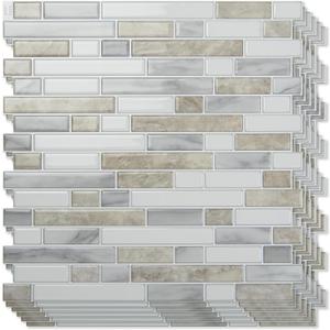 Art3d 10-Sheet Heavy-Duty Peel and Stick Backsplash, Waterproof Wall Tiles Stick on Kitchen Backsplash Living Space, Beige & White, 12 x 12 Inch