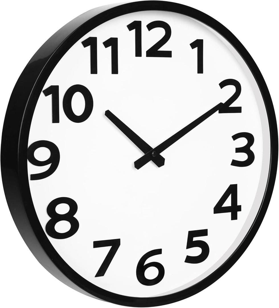 Fomaris Wall Clock 16 Inch - Large 3D Numbers Easy to Read, Silent Non-Ticking Battery Operated Analog Quartz Round Clock for Seniors, Classroom, Office, Living Room - Black