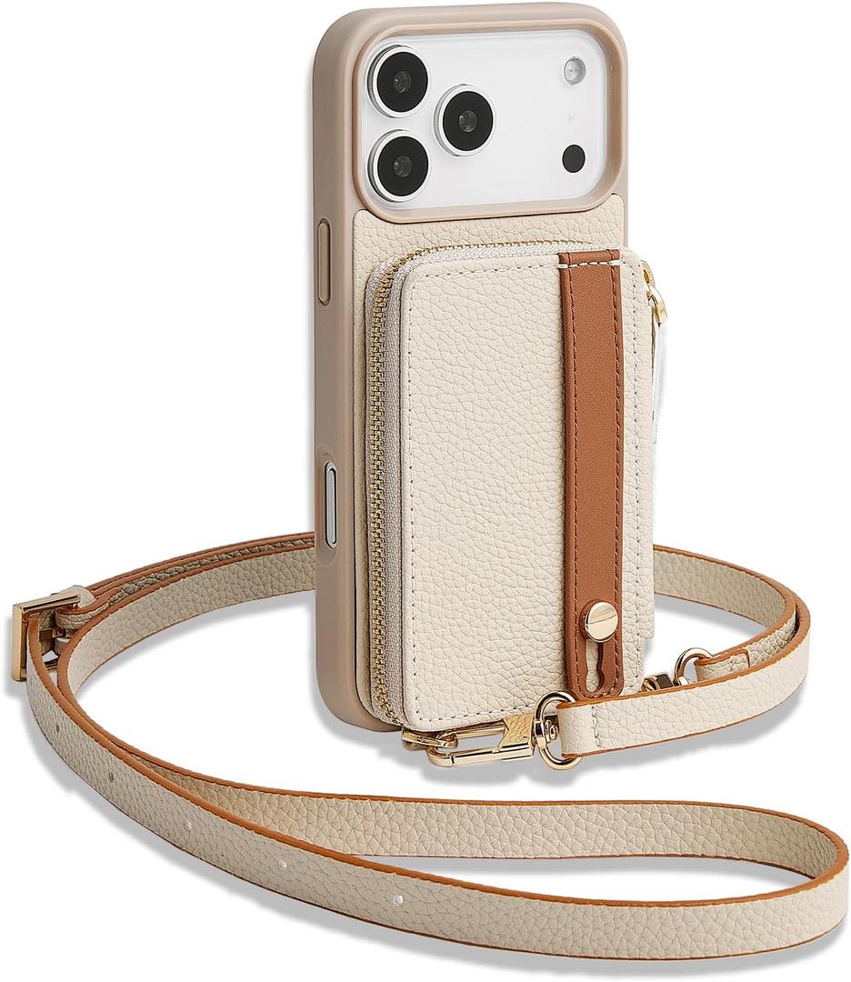 LAMEEKU for iPhone 17 Pro Case Wallet with Wrist Strap, Zipper Crossbody Purse with Phone Grip Holde 6.3 inch Beige
