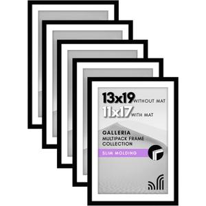 Americanflat 13x19 Picture Frame with Polished Plexiglass - Set of 5 - Use as 11x17 Frame with Mat - Galleria Collection - Picture Frames for Wall Display - Black