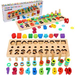 CozyBomB Montessori Educational Wooden Toys for Kids Toddler Number Puzzles Sorter Counting Shape Stacker Stacking Game Preschool Math Blocks Toys Gifts for Boy Girl Birthdays Christmas Holidays (Rainbow)