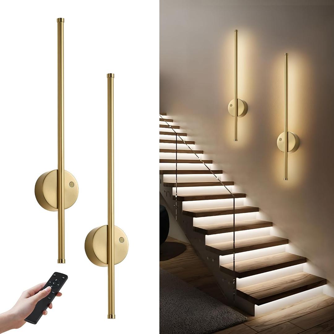 Motion Sensor Battery Operated Wall Sconce Set of Two - Modern Rechargeable Wireless Wall Lights with Remote Control, Dimmable, 3000K/4000K/6000K, Timer for Living Room, Hallway,23.6 Inch, Brass
