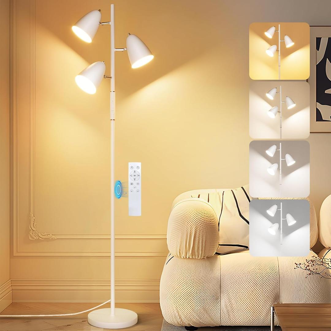 36W LED Floor Lamp for Living Room, Modern White 3-Light Tree Standing Lamp | Remote and Touch Control, 3 Rotatable Lights Heads, Stepless Dimmable, 4 Color Temperature, Stand up Lamps for Bedroom Home