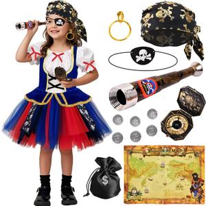 Latocos 14pcs Girls Pirate Costume Dress Kids Pirate Accessories Hat Eye Patch Halloween Dress Up Role Play Gift (110(4-5T))