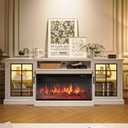 80" Fireplace TV Stand with 3-Sided Glass, TV Cabinet for TVs up to 90", Modern Media Entertainment Center with Farmhouse Glass Door Storage Cabinets, for Living Room, White