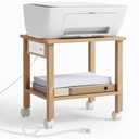 YUFAM 2 Tier Under Desk Printer Stand with Storage, Small Printer Table with Charging Station, Rolling Printer Cart Shelf with Lockable Wheels for Home, Office (Natural)