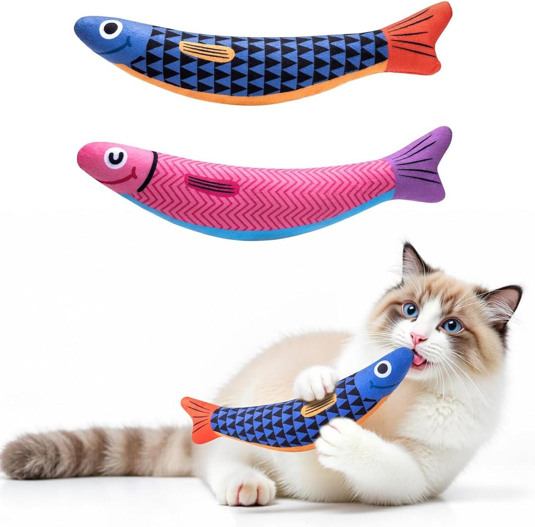 PetBusy Cat Toys with[5000mg A+Natural Catnip &Silvervine] [Baby Grade] Interactive Soft Chew Kicker Cat Toys for Indoor Cats & Kittens, [Crinkle &Bell] Fish Sound Toy, Drives Bored Cat Crazy with Fun (Blue+Pink)