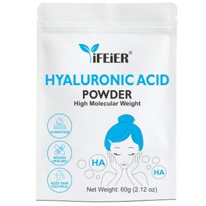 Hyaluronic Acid Powder | High Molecular Weight Hyaluronic Acid Serum Powder | 60g(2.12oz) Cosmetics Grade | Sodium Hyaluronate HA | LMW HMW Hyaluronic Acid ingredient for DIY Serums