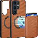 Designed for Samsung Galaxy S25 Ultra Case, Galaxy S25 Ultra Case with Card Holder, Supporting for Mag-Safe & Magnet, Knitted PC Cover with Soft TPU Edges, Anti-Slip & Shock-Absorbing(Orange)