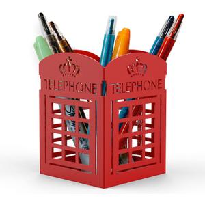 Mango Steam Metal Pen Holder, Makeup Brush Cup Organizer for Office, Bathroom, Vanity (Red, British Telephone Booth)