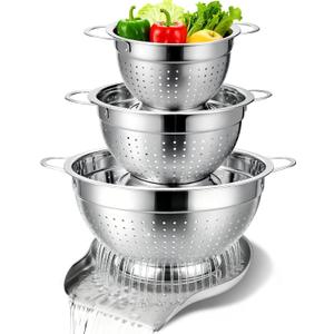 Palksky Stainless Steel Colander Set with Handles & Self-Draining Base, 3 Sizes (7, 9, 11), Heavy Duty Pasta Strainer, Rice & Vegetable Strainer, Countertop Draining System